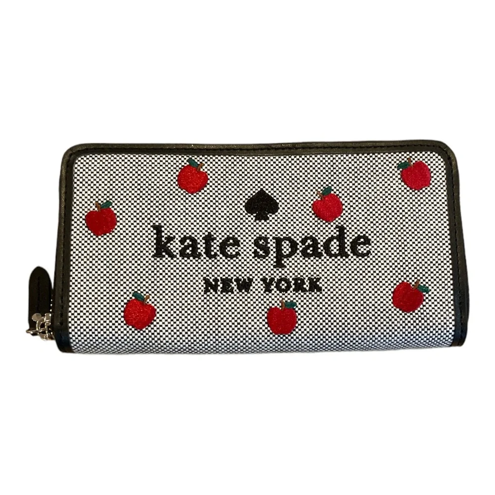 Kate Spade Apple Embroidered Toss Zip Around Wallet Black White Red